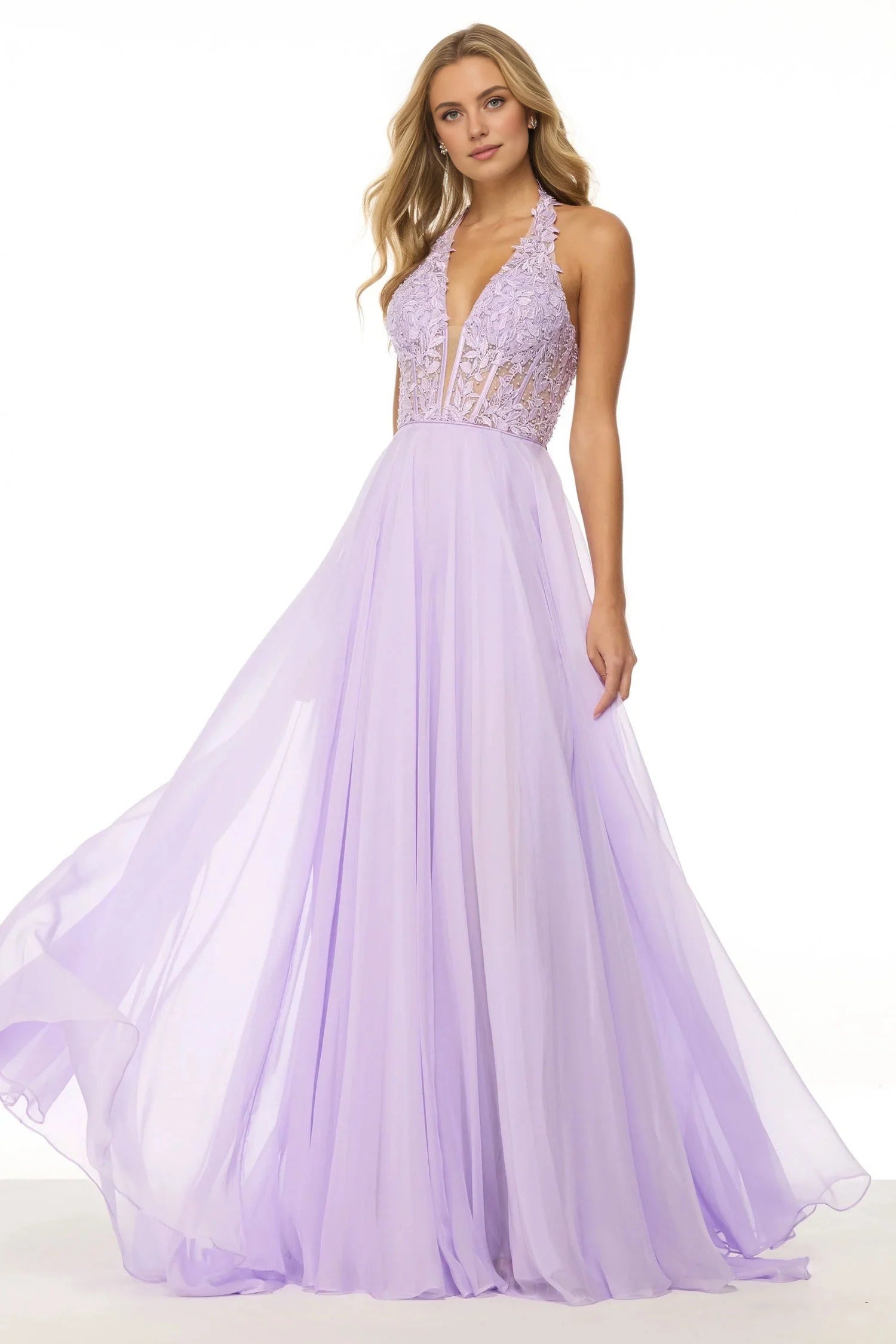 Weitese Dress Lilac Chiffon Halter Gown With Embroidered Bodice And High Slit Prom Dress